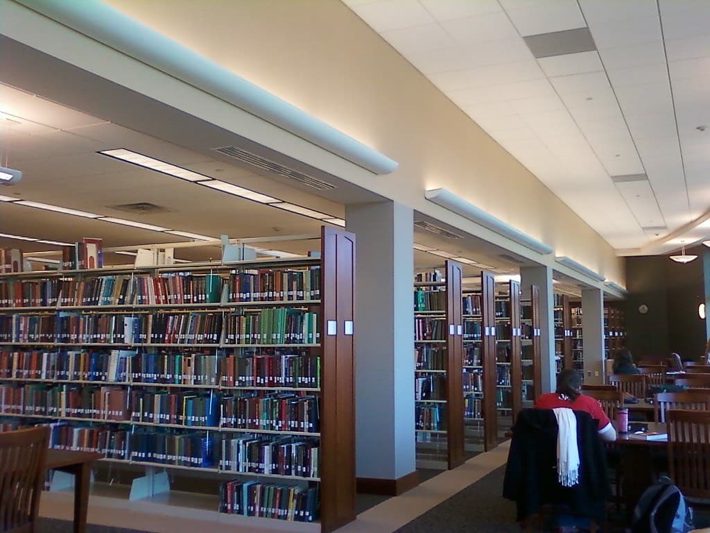 Rows of library shelves filled with books